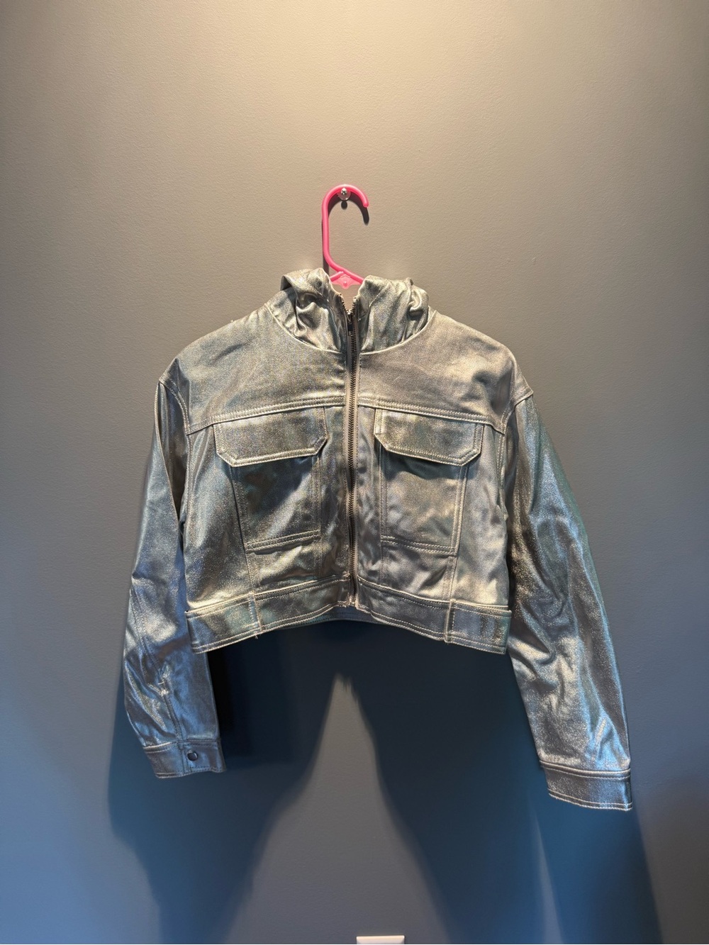 Silver Metallic Cropped Hoodie Jacket